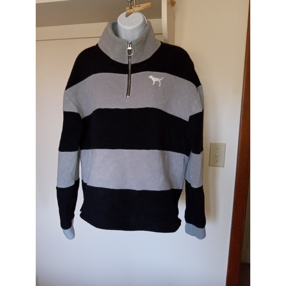 Victorias Secret PINK Quarter Zip Fleece Pullover Striped Black Grey Womens M